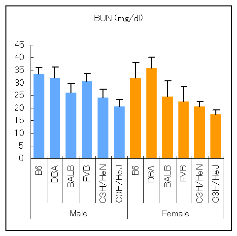 マウス6系統の血中尿素窒素（BUN）